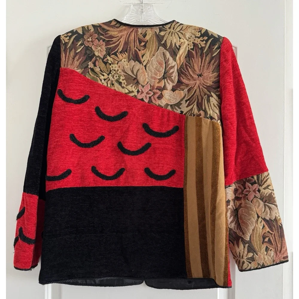 ALLURE Vtg Women Red Blk Embroidered Patchwork Button Front‎ Jacket Blazer-SMALL